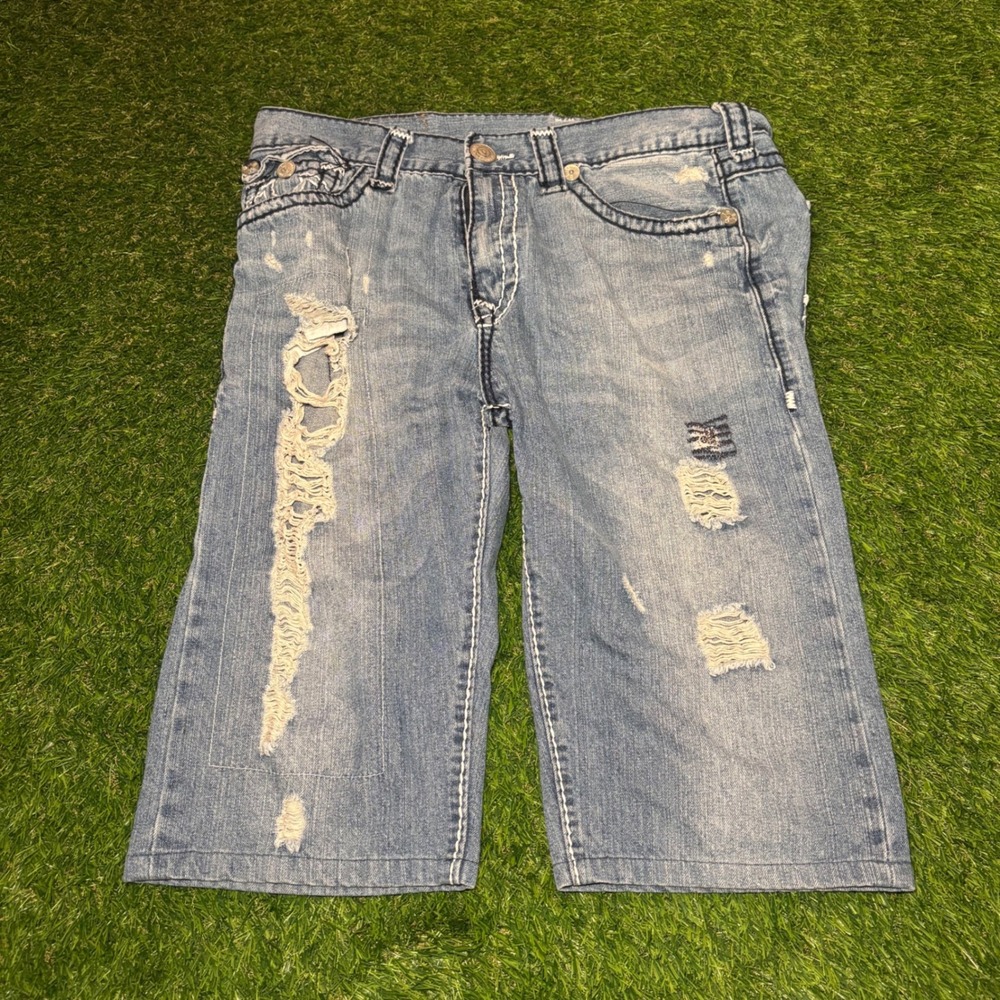 True Religion Mens Distressed Denim Shorts Light Wash Big T Stitch Blue Size 36